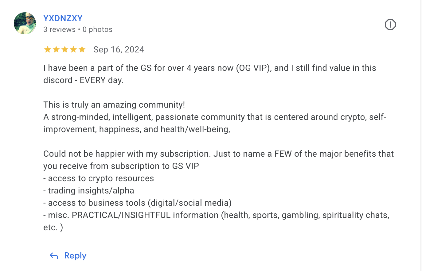 YXDNZXY 5-star Google review - 4 year OG VIP member still finding value every day