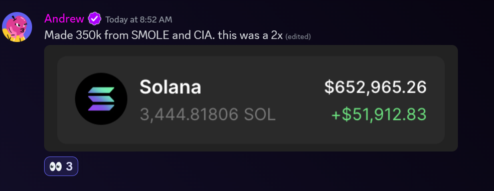 Member Andrew made 350k from SMOLE and CIA with $652,965 Solana balance