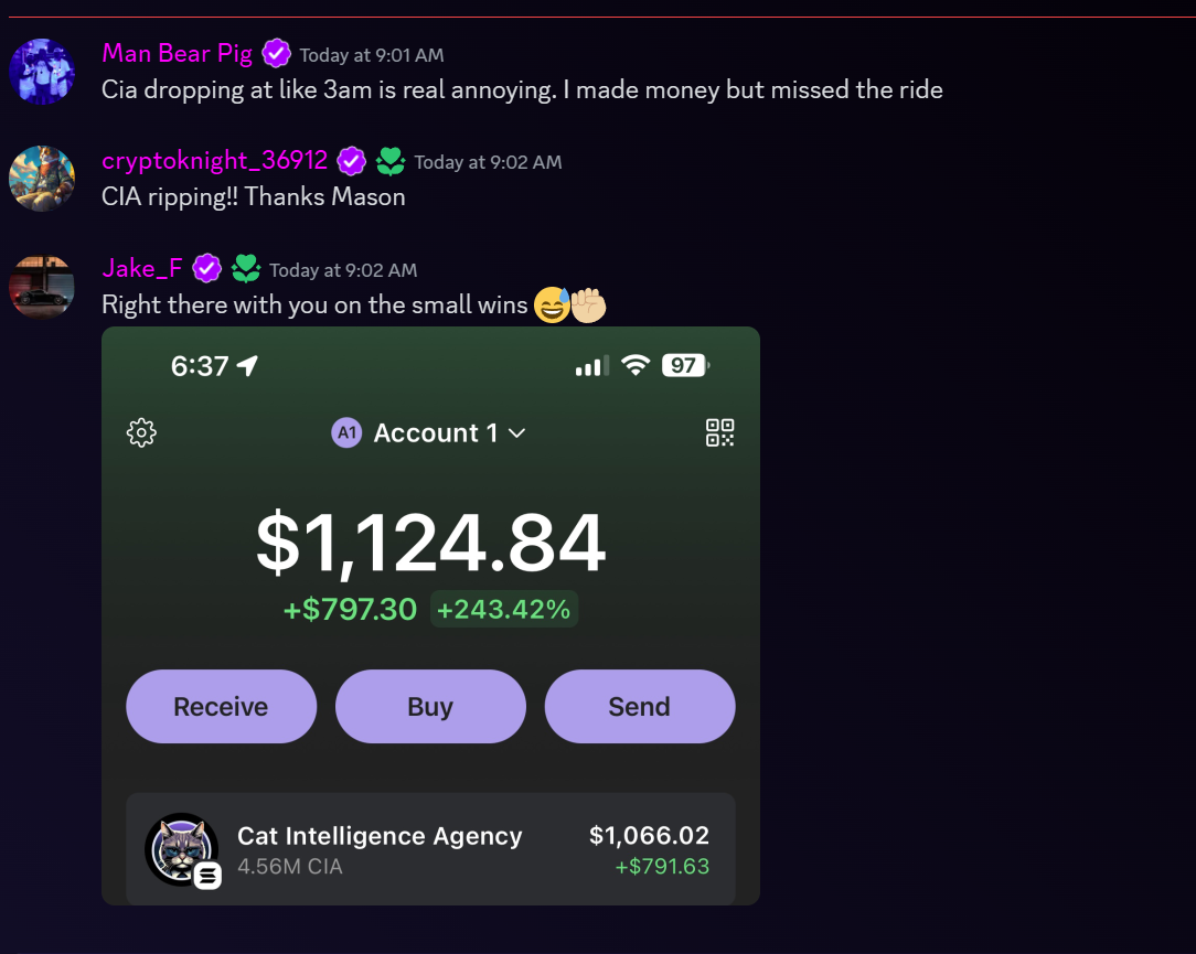 Members discussing CIA profits with Jake_F showing $1,124 portfolio up +243%